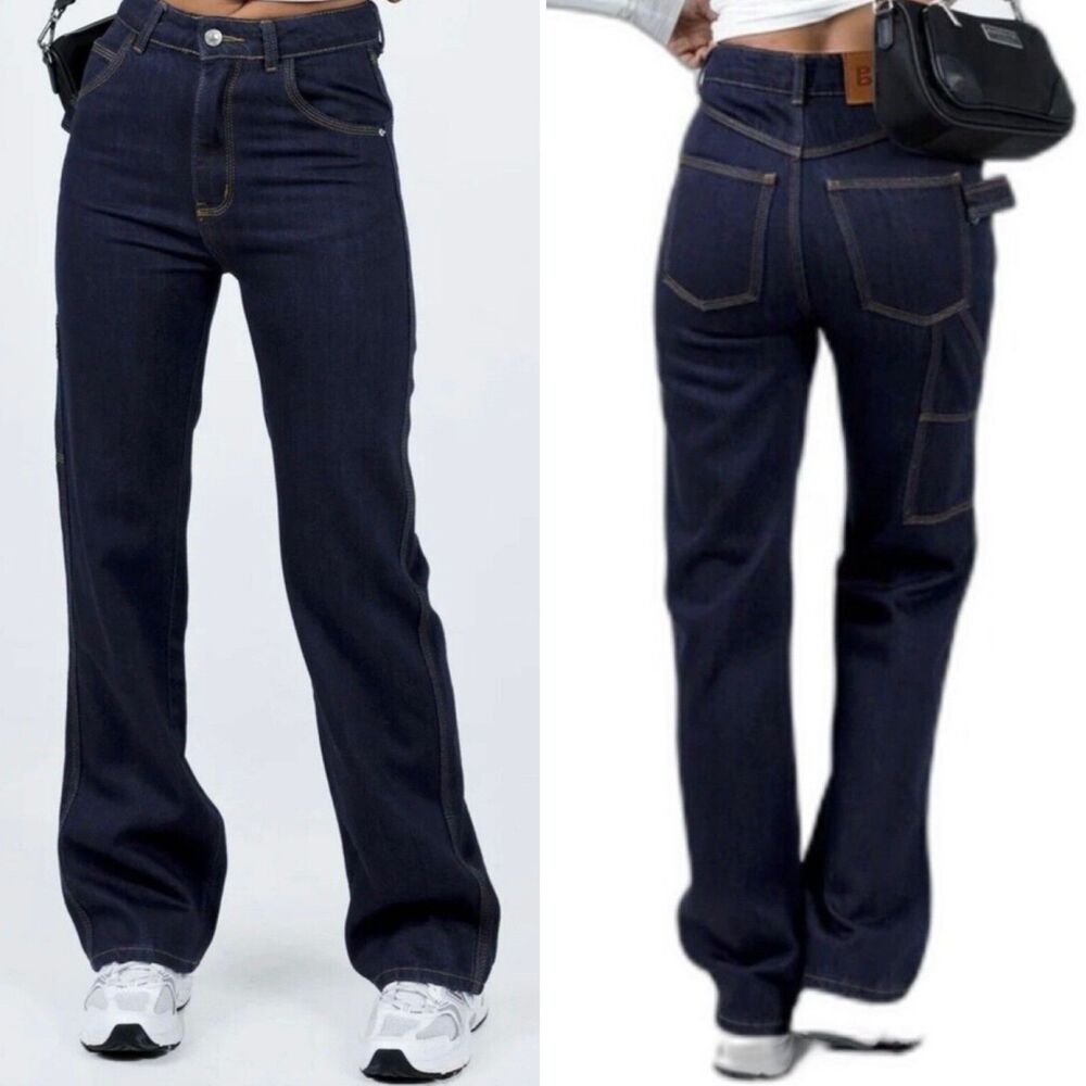 Princess Polly Morala Denim Cargo High Rise Rigid Jeans Dark Wash 2